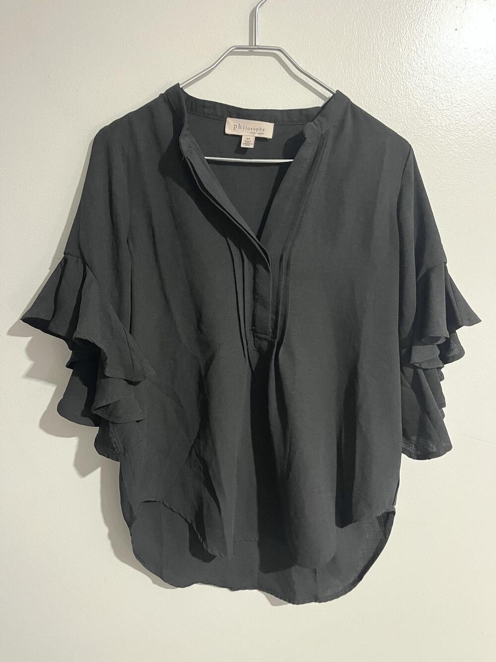 Philosophy Republic Clothing Blouse Womens S Black Chiffon Tunic Flutter Ruffle